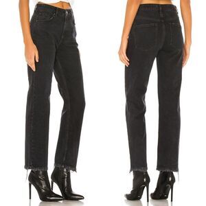 Free People Dakota Straight Leg Destructed Hem High Rise Pitch Black Denim Jeans